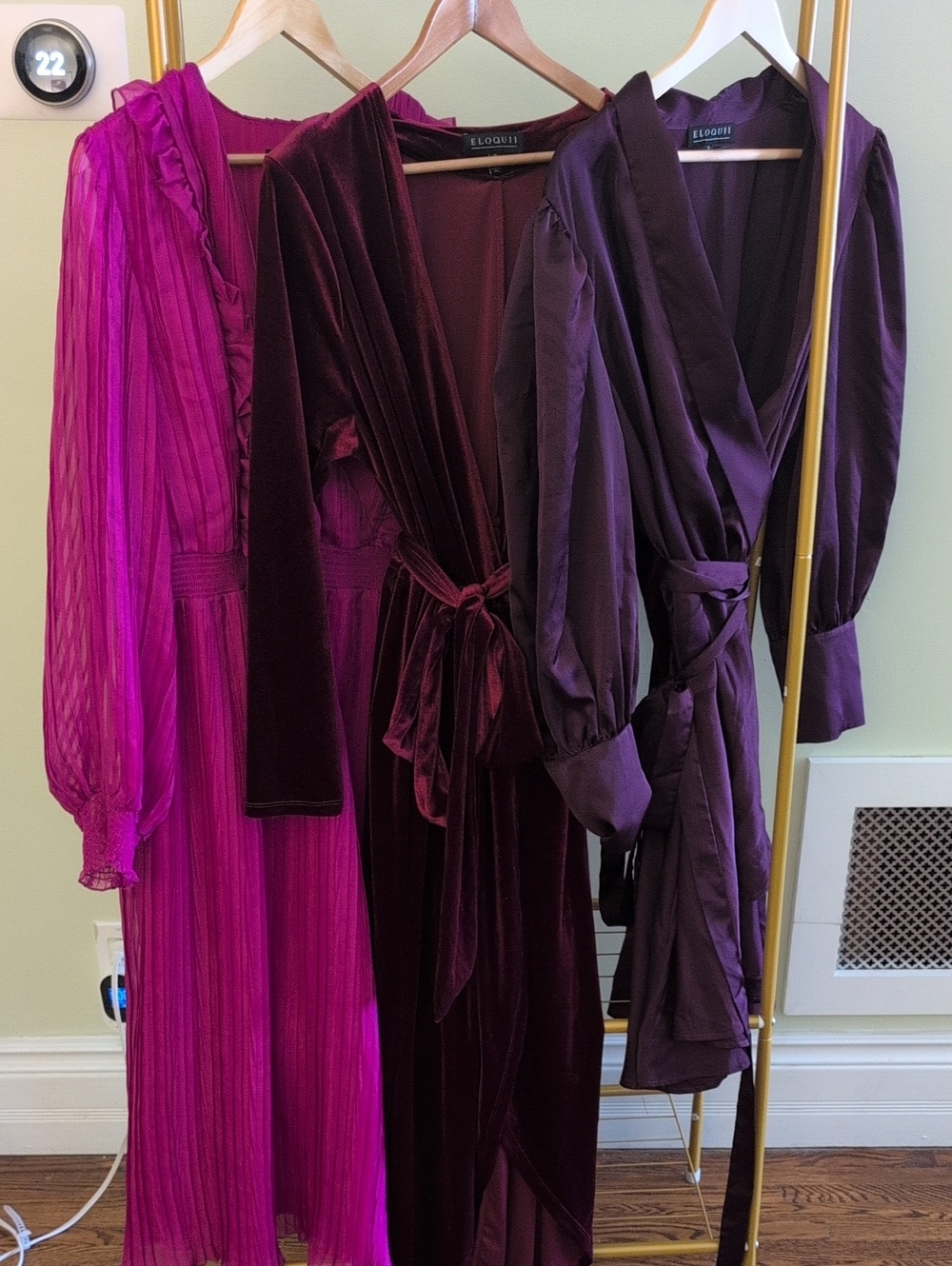 Eloquii Velvet & Satin Wrap Dresses and Pleated Robe - Plum, Magenta